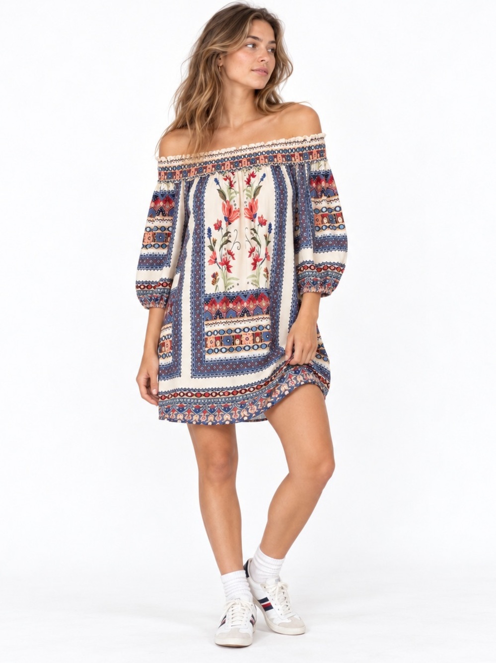 Farm Rio off shoulder lightweight floral pattern mini dress loose boho XS